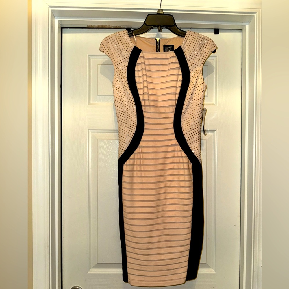 Brand New JAX Elegant Blush Pink and Black Cap Sleeve Dress with Rhinestones